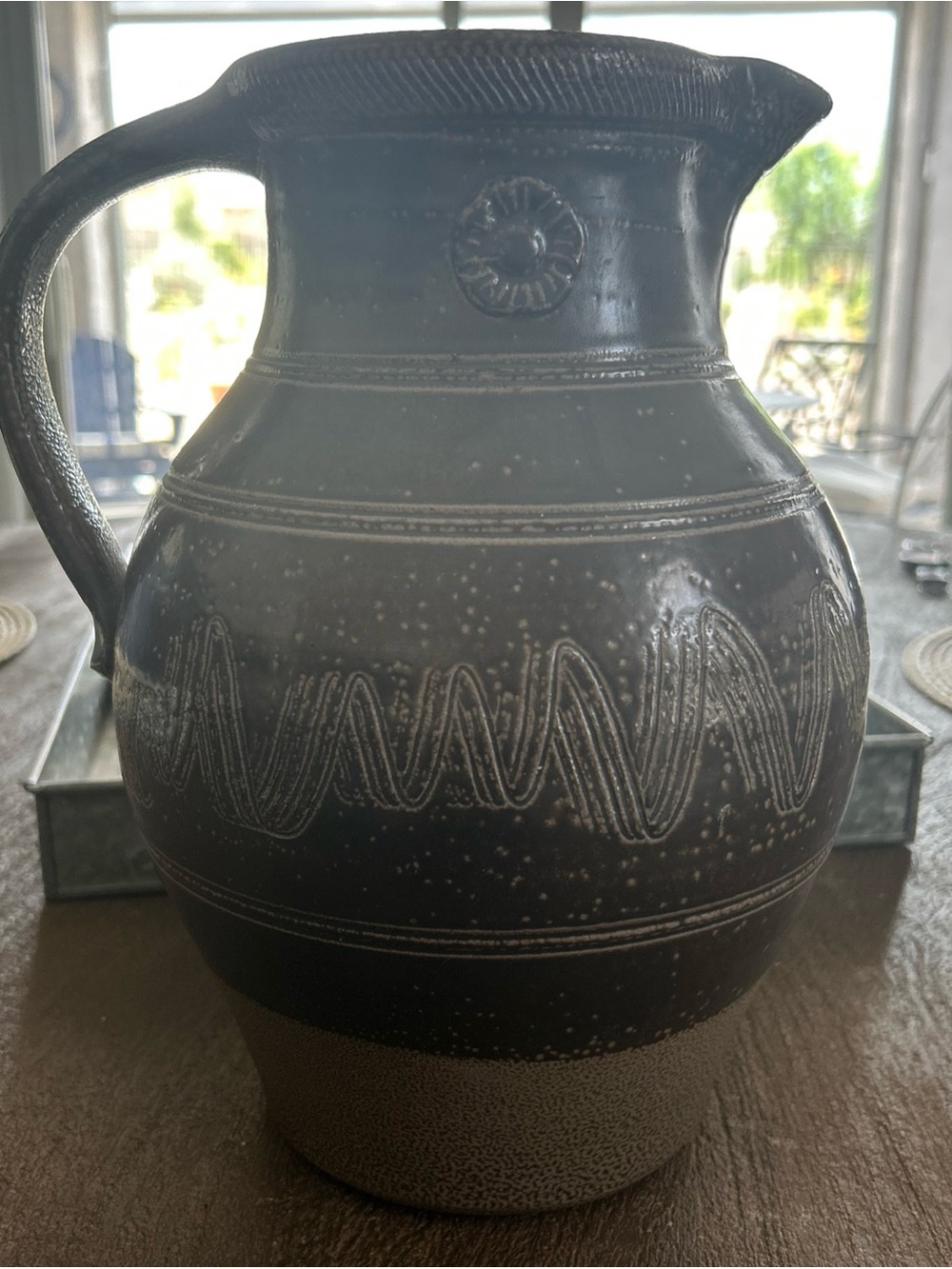 Rowe Pottery Handmade Brown Ceramic Pitcher with Textured Banding 2002 - Picture 4 of 8